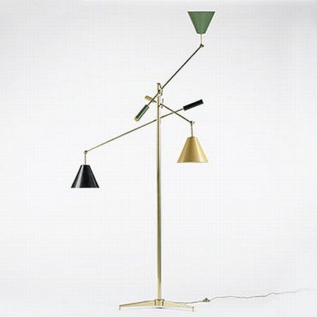 Arredoluce, Three-Arm Floor Lamp
c. 1950, brass, enameled aluminum, enameled steel
