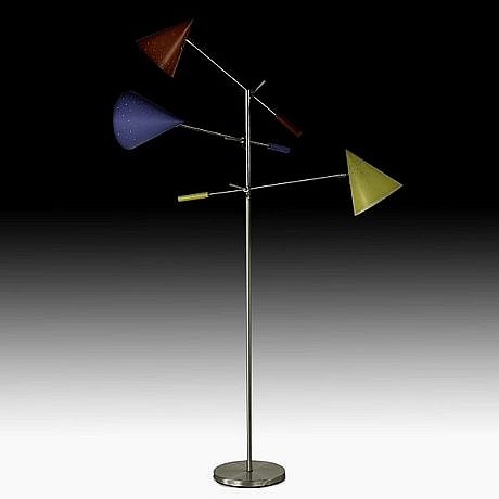 Lightolier, Articulated three-arm floor lamp
1990's, Chromed steel, brass, enameled steel and aluminum, plastic reinforced fiberglass