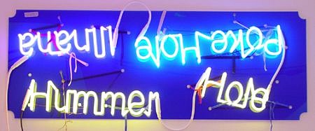 Jason Rhoades, Hummer Hole; Poke Hole; Illnana
2003, neon lights, plexiglass, wire, string