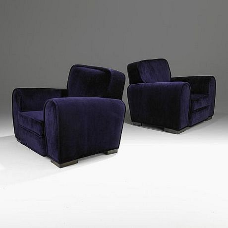 Jean Royere, Pair of Club Chairs, France
1940's, velvet, stained wood