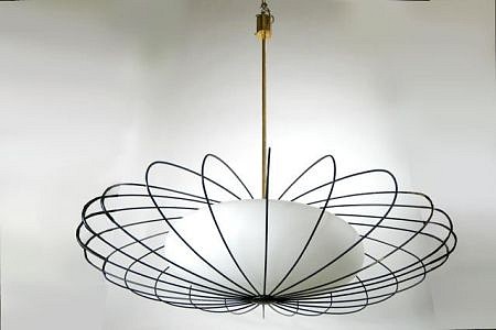 Sciolari, Pair of Chandeliers
1960, acid etched glass, enameled brass