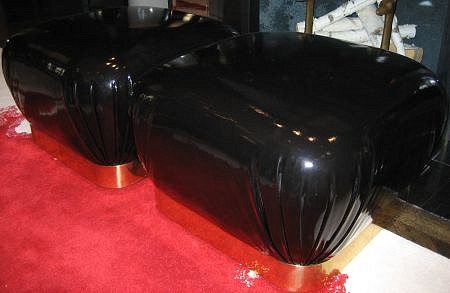 Karl Springer, Pair of Ottomans
c. 1960, original batik fabric on brass frame