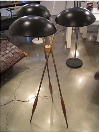 Gerald Thurston, Tripod 3-Shade Floor Lamp designed for Lightolier
c. 1950, brass, walnut and enameled steel