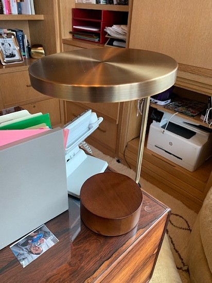 CB2, tate led USB table lamp
Rubberwood base, iron with vintage brass finish